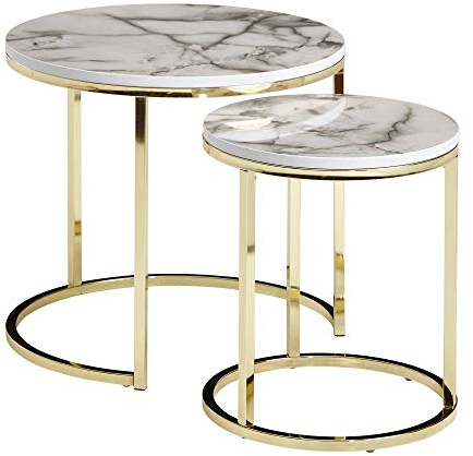 Wohnling Design Beistelltisch 2er Set Weiß Marmor Optik Rund, Couchtisch 2 teilig Tischgestell Metall Gold, Kleine Wohnzimmertische, Moderne Satztische
