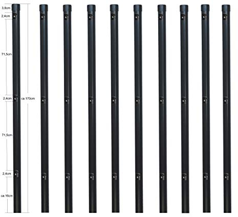 10 Stück Zaunpfosten Ø 34 mm Zaunpfahl 1700mm lang als Pfosten für 1,5m hohen Metallzaun aus Maschendraht in grau anthrazit RAL 7016. Zaunpfahl mit 3 Halter für Spanndraht und Pfosten Kappe.…