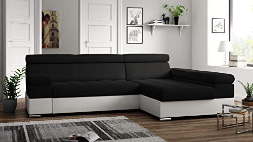 Ecksofa Paolo mit Schlaffunktion, Eckcouch mit Bettkasten, L-Form Ecksofa, L-Form Sofa, Ottomane Rechts, 260 cm x 162 cm (Schwarz + Weißer Kunstleder (EKO))