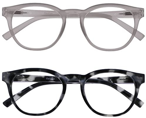 OPULIZE Blu Reading Glasses with Blue Light Blocking 2 Pack Cool Round Frame Spring Hinges Improve Sleep Computer Gaming Anti-Reflective Ice Black Tortoise Mens Womens BB5-CW +2.00