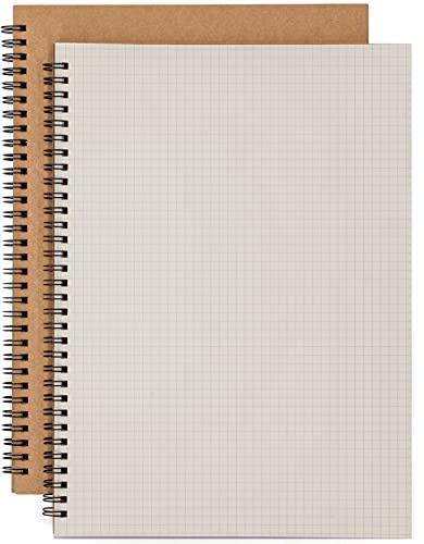 Cemiplus 2 Pack A4 Grid Spiral Notebook, Kraft Cover 5mm Square Grid/Gridded Pages, Graph Ruled Wirebound Notebooks Bulk Journals
