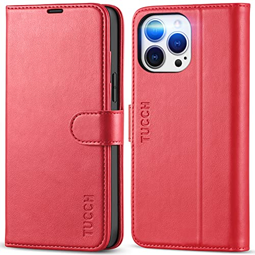 TUCCH Custodia per iPhone 13 Pro Max 5G Cover Antiurto Magnetica Flip con Chiusura Tasca Carte RFID Blocco Portafoglio Portacellulare Pelle Sintetica Compatibile iPhone 13 Pro Max (6,7 2021), Rosso