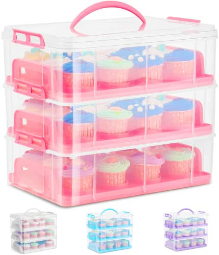 SG Traders Cupcake Carrier with Handle, 3 Tier Cupcake Box Bake Cake Holder, 36 Muffin Cases Stackable Cake Caddy, Baking Cupcake Boxes Cupcake Cases, Plastic Storage Box with Adjustable Compartments