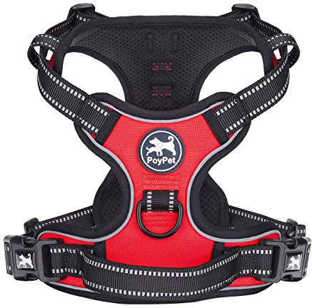 PoyPet No Pull Hundegeschirr, reflektierendes Westengeschirr mit 2 Leinenbefestigungen und einfachem Steuergriff für kleine mittelgroße Hunde (Rot, L (1er Pack))
