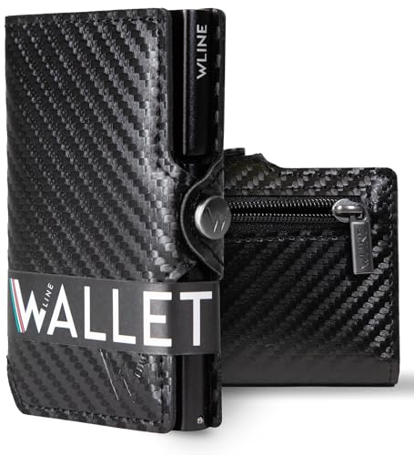 WLine Portafoglio Uomo Slim con Portamonete Rfid Compatto ed Elegante - Porta Carte di Credito Uomo e Donna Schermato in Fibra di Carbonio - Portatessere Uomo Tascabile (Nero Carbon con Zip)