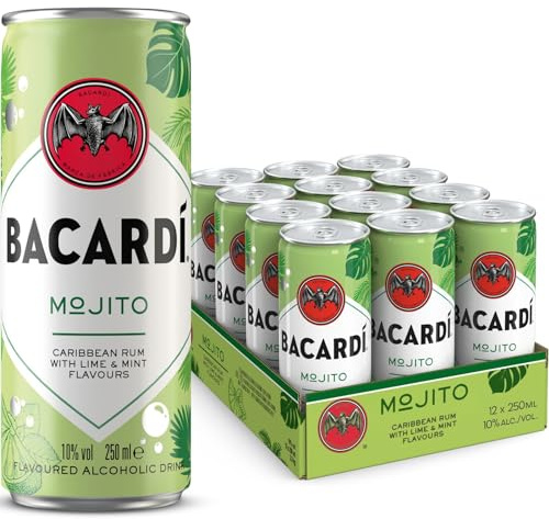 BACARDÍ Mojito, 10% Vol., 12 x 25 cl/250 ml, Ready-To-Drink Cocktail in der Dose, trinkfertig mit BACARDÍ Carta Blanca Rum, Limette und Minze