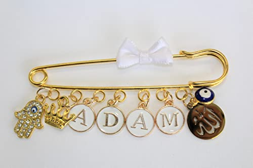 Baby Stecknadel mit Namen Anstecknadel Brosche personalisierte Baby Geschenk Mädchen Junge Glücksbringer Kinderwagen PIN (Blaue Auge, Allah, Hand & Krone)