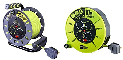 Masterplug OMU25132USL-PX Pro-XT Four Socket Open Cable Reel Extension Lead, Green & Pro-XT Four Socket Medium Cassette Cable Reel Extension Lead with Winding Handle, Green