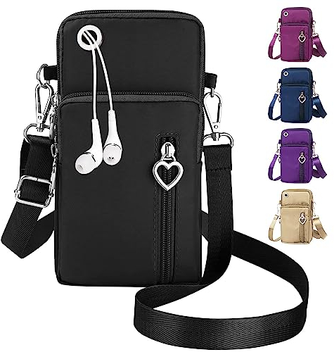 QXRXN Sac Téléphone Portable Femme Portefeuille, Oxford Tissu Pochette Bandoulière Femme, Petit Sac Bandouliere avec Prise casque, Sacoche Telephone Portable pour femmes (Black)