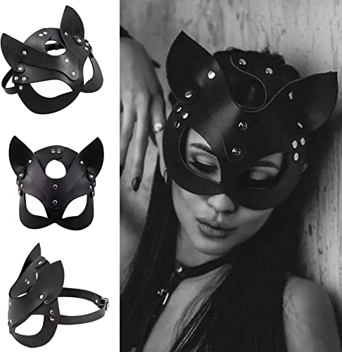 SINSEN Masque sexy en cuir pour femme avec motif chat - Demi-visage - Accessoire de déguisement pour Halloween, bal masqué, Mardi Gras - Noir
