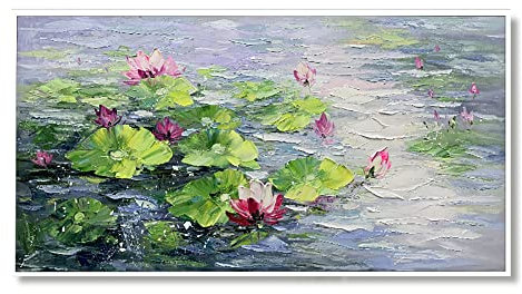 LCDIUDIU Handgemalte Acrylbilder, Grüne Textur Lotusblatt Blumen Fluss Landschaft Moderne Abstrakte Kunstwerke Handgemalte Ölgemälde Auf Leinwand Wandkunst Für Wohnzimmer Schlafzimmer Bür