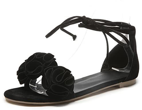 MJIASIAWA Flats Women Lace Up Ballet Dance Sandals Flowers Comfortable Ballerinas Slippers Open Toe Summer Beach Shoes Black Size 11 UK/49 Asian