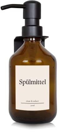 Seifen-Spender braunes Glas 300ml für Spülmittel mit Halterung mit schwarzer Edelstahlpumpe reuse & reduce Retro