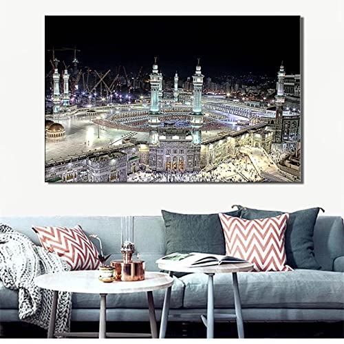 Lslamisches Mekka die Kaaba Nachtansicht Landschaft Poster und Drucke Wandkunst Leinwand Gemälde Wandkunst Bild Wohnzimmer Dekor 35x50cm Rahmenlos