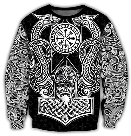 JHBTFQ Wikinger Krieger Tattoo Hoodie für Herren, Vintage Sweatshirt Übergroße Jacke nordischem Mythologie Totenkopf Print Pullover,Thor Hammer Sweatshirt,4XL