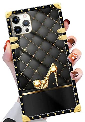 Compatible with iPhone 14 Pro Max Case,diamond heels iPhone 14 Pro Max Cases for Girls Womens,Luxury Golden Decoration Square Soft TPU Shockproof Protective Hard PC Back for iPhone 14 Pro Max 6.7 inch