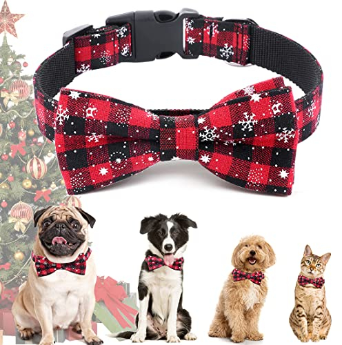 Weihnachten Halsband Hund Katze, Halsbänder mit Fliege Weihnachts Kariertes Kostüm Hundehalsband Abnehmbar Schleife, Rot Verstellbare Halsband Geschenk für Klein Mittlere Groß Hunde Katzen Welpen (XS)