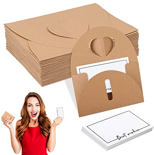 Favengo 25 Stück Mini Briefumschläge mit Karten Mini Karten mit Umschlag Mini Kraftpapier Umschläge Mini Briefumschläge Mini Briefumschläge mit Karten mit Herz Verschluss für Geschenkkarten DIY