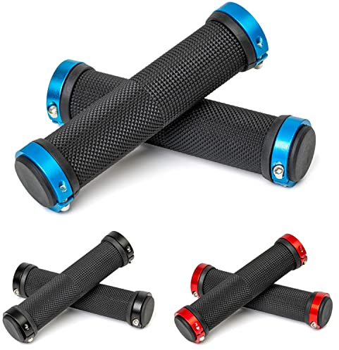 Fahrradgriffe Set, 1 Paar Links rechts, in Schwarz, für Lenkergriffe bis Ø 22 mm, 135 mm Griffstück, Fahrrad Lenker Griff mit Endkappe und blauem Befestigungsring, Fahrradlenkergriff MTB, Rennrad