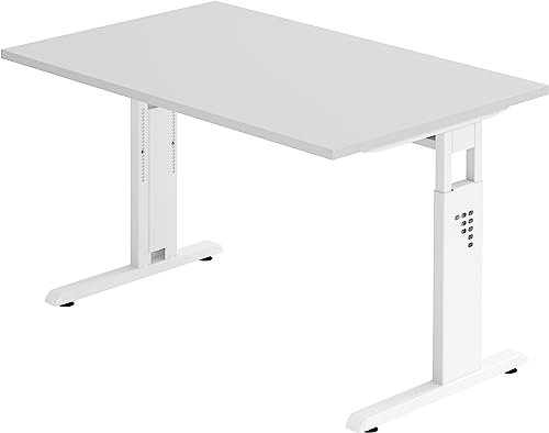 bümö höhenverstellbarer Schreibtisch O-Serie 120x80 cm in grau, Gestell in weiß - PC Tisch klein für's Büro manuell höhenverstellbar, Computertisch verstellbar
