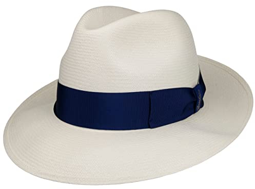 Borsalino Chapeau Panama Extrafine Femme/Homme - Made in Italy en Paille de d'été avec Ruban Gros Grain Printemps-été - XL (60-61 cm) Nature-Bleu