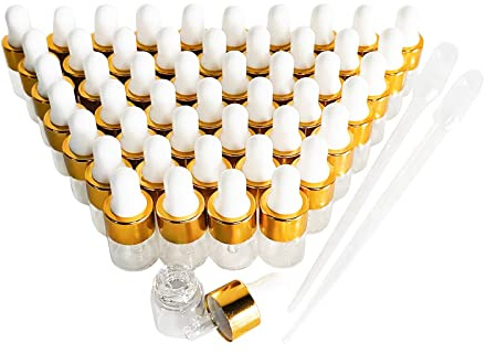 BEGIKET 50PCS Tincture Bottles with Droppers, 1ML Transparent Essential Oil Sample Bottles, Travel Mini Cuticle Essential Oil Bottles and Eye Dropper Bottle,with 2 Long Plastic Droppers