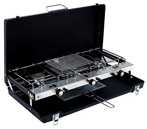 Réchaud de camping à gaz, 1 gril et réchaud au propane à 3 brûleurs, réchaud de camping portable avec régulateur, pare-brise, grille-pain, pour camping en voiture, barbecue, pique-niques