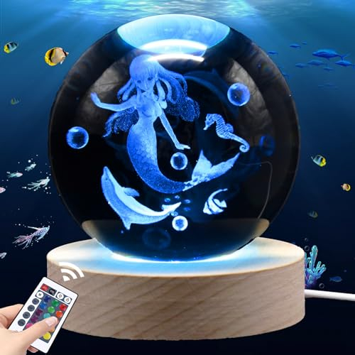 Mermaid Gifts for Girls, 3.15in 3D Little Mermaid Crystal Ball Night Light & Remote,Night Light for Bedroom, Birthday Christmas Gifts for Women Girls
