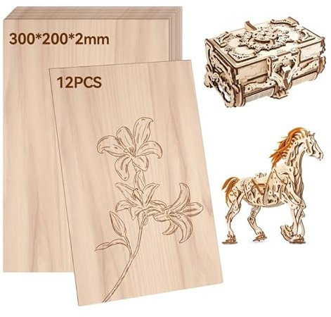 RUNYU 12 Hojas Tabla Madera Balsa 300×200×2mm Natural no Acabado Madera Contrachapada de Tilo para Maquetas Tablero Madera, Maderas para Bricolaje, Manualidades, Pintura, Modelado, Corte Grabado