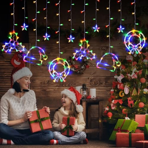 LOLStar Christmas Window Lights, 180 LED Multicolor Hanging Christmas Party Decorations, Hat Wreath and Holly Berry, Indoor String Lights Connectable 8 Flashing Modes Curtain Lights for New Year