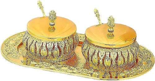 ELEGAM Sucrier,sucrier avec Couvercle,sucrier doré avec Couvercle et cuillère, Pot à épices en Verre doré, Pot à Bonbons avec Plateau for décoration de Cuisine-Or-Ensemble Entier