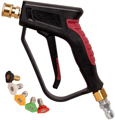 Solivede Kurze Hochdruckreiniger-Pistole mit Drehgelenk – 3/8 Zoll Einlass & 1/4 Zoll Auslass Schnellanschlüsse – 4000 PSI mit 5 farbigen Schnellverbindungsdüsen – Hochdruck-Wassergriff, ideal für