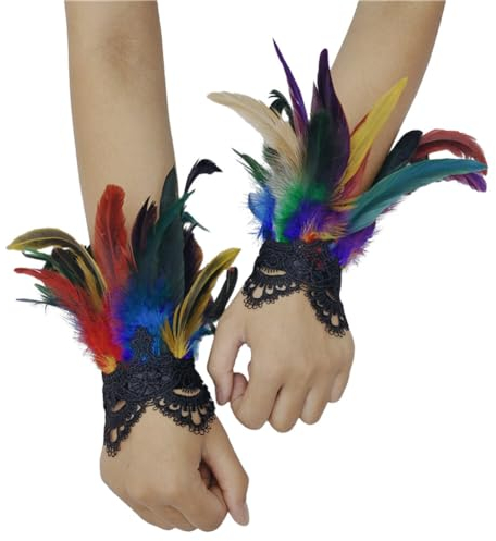 Asudaro Frauen Feder Handgelenk Manschetten, 1pair Floral Lace Armbänder Gothic Mesh Armband Lange Handschuhe Armstulpen Arm Stulpe Handschuhe Armschmuck für Cosplay Halloween Party Kostüm bunt