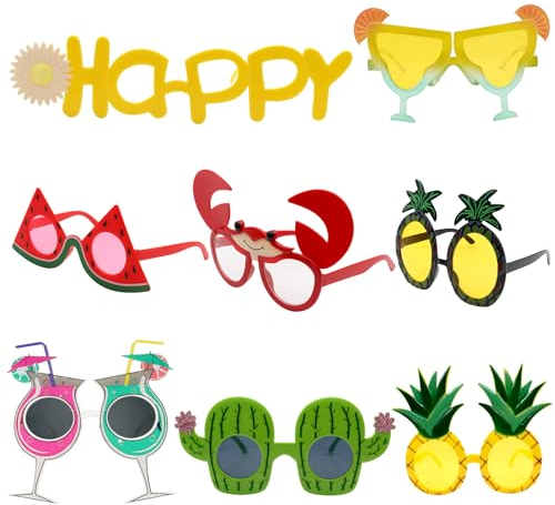 VEGCOO 8pcs Party Glasses, Lightweight Hawaiian Party Glasses Photo Decoration Props for Adults and Kids, Adorable Plastic Funny Sunglasses for Festivals/Party/Photo Props