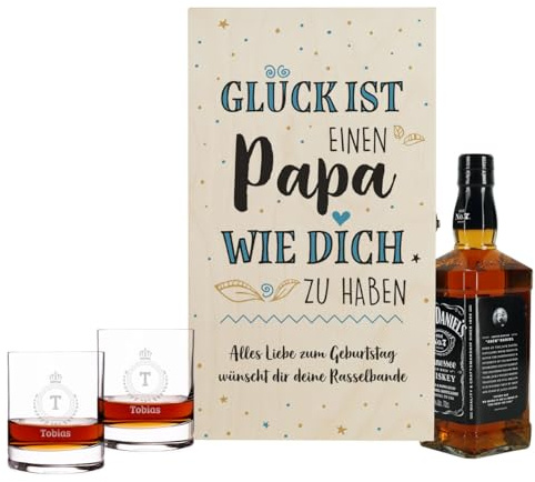 Herz & Heim® Whisky Geschenkset mit 2 gravierten Gläsern, 1 Geschenkbox aus Holz und einer 0.7l Flasche Bourbon Whiskey (Glück ist einen Papa wie Dich zu haben)