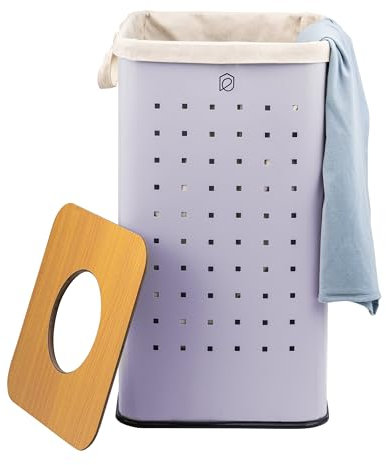 eluno eckige Wäschetonne, Wäschekorb, Wäschesammler mit waschbarem Wäschesack und abnehmbaren Deckel, 50 Liter Fassungsvermögen für Schlafzimmer, Badezimmer, Wäscheaufbewahrung aus Metall (Flieder)