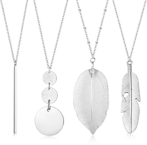 Diamday 4 Stück Lange Kette Damen Kette Gold Silber Lange Anhänger Halsketten Set für Damen Mädchen Statement Kette Bar Feather Circle Leaf Anhänger Y Halskette Lange Pullover Halsketten Modeschmuck