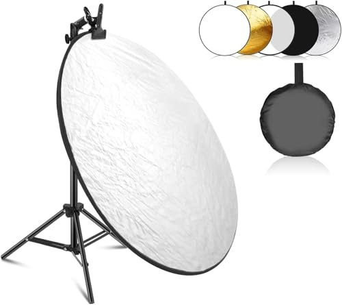 NEEWER 24/60cm Light Reflector Kit, 5 in 1 Collapsible Round Reflector (Translucent/Silver/Gold/White/Black) w/Clamp, Mount Adapter & 21-43/53-110cm Stand for Low Angle Children Studio Photography