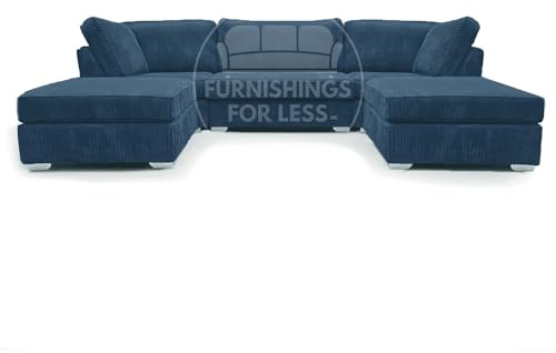 Furnishings For Less UK Bishop Cord Marine Blue U-Shape Jumbo Cord Fabric Corner Sofa, Detachable, Solid Wood Frame (Marine Blue)