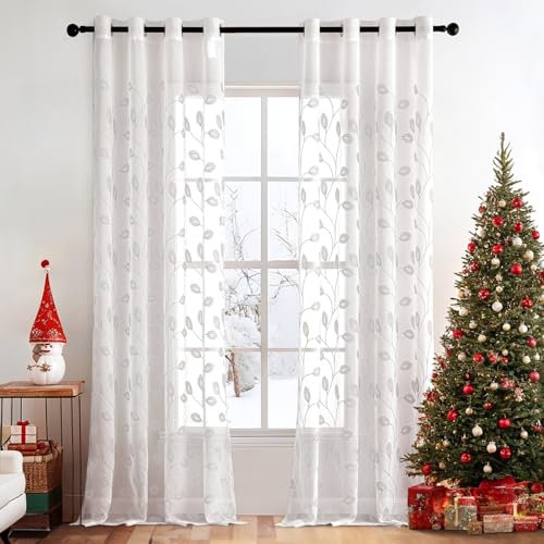 MIULEE 2 Panneaux Rideau Voilage Salon Moderne avec Motif Broderie, Tulle Rideau Transparent à Oeillets, Décoration Interieur Rideau Fenetre Chambre, Lot de 2 Rideau Voile, 140x220cm Blanc