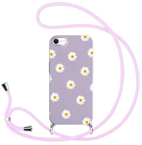 Yoedge Handykette Handyhülle für iPhone 8/7 /SE 2020/SE 2022 Hülle mit Band 4,7, Blumen Muster Aesthetic Lila Schutzhülle mit Kordel zum Umhängen Stoßfest TPU Silikon Case Kette Cover, Gänseblümchen