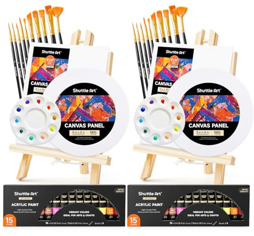 Shuttle Art 58 Pack Acrylic Paints Set, Painting Set with 2 Pack of 15 Colours Acrylic Paint, 2 Sets of Wooden Easels, Canvas, Brushes & Palettes, Canvas and Paint Set for Adults Kids Beginner