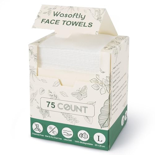 Wasoftly Face Towels Disposable, 100% USDA Biobased Clean Towels L, 75 Count Makeup Remover Dry Face Wipes Biodegradable Face Cloths Ultra Soft for Sensitive Skin Facial Cleansing, 20x25 cm, 1-Pack