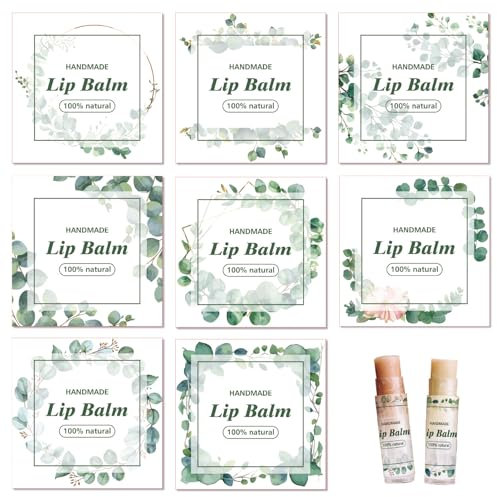 craspire 80 Stück 8 Stile Selbstklebende Lippenbalsam Aufkleber Grünes Blättermuster Wasserdicht Selbstgemachte Lippenbalsam Etiketten Quadratische DIY Etikettenaufkleber Für Lippenbalsambehälter