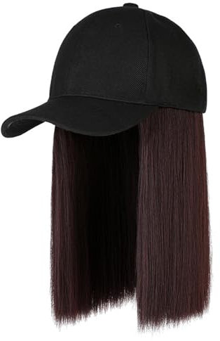 ZASCHMOY Mütze mit Haaren, Baseballkappe mit Haarverlängerungen, Kurze Glatte Haar Perücke mit Kappe, Kunstfaser-Hutperücken für Frauen (Dunkelbraun)