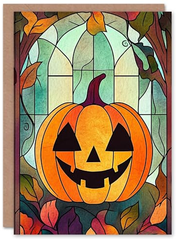 Wee Blue Coo Autumn Pumpkin Stained Glass Fun Trick or Treat Haunted Scary Halloween Card Blank For All