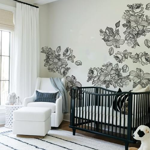 Neukids 3pcs 38×120cm Large Vintage Floral Wall Decals,Peel and Stick Wall Stickers,Self-Adhesive Wallpaper Sticker Living Room Bedroom Tv Background Wall Decor,Black Line Drawing Peony