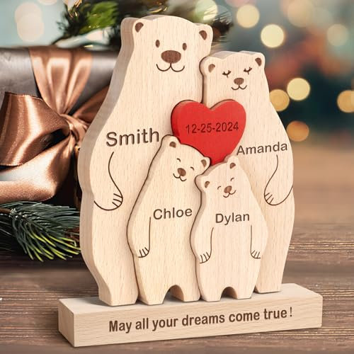 Personalisiertes Holzkunstpuzzle der Bärenfamilie mit 1-8 Namen,Holz Bär Tier Skulpturen Desktop Ornament Heim Büro Tischdekoration Ideen Geschenk für Weihnachts Jubiläum Muttervatertag Geburtstag