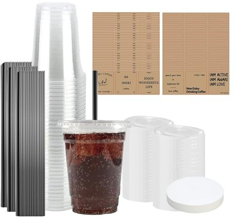 16oz Smoothie Cups with Lids and Straw, 50 Pack Recyclable and Reusable Smoothie Cups with Leak Proof Paper, Clear Coffee Cups for Drinks on The Move, Fits Most car Holders