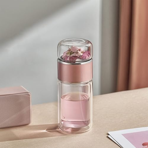 420ml/14oz Glass Tea Infuser Bottle, Glass Water Bottle Tea Cup with Infuser Tea Tumbler Water Bottle Diffuser Bottles Tea Cup for Loose Tea Flower Herbal(Rosy Gold)